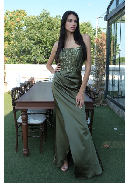 Haki Göğüs Pul ve Taşlı Saten Abiye 9705294.23 modelleri