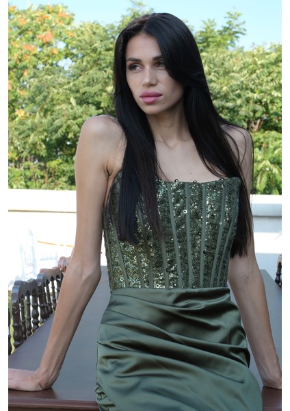 Haki Göğüs Pul ve Taşlı Saten Abiye 9705294.23