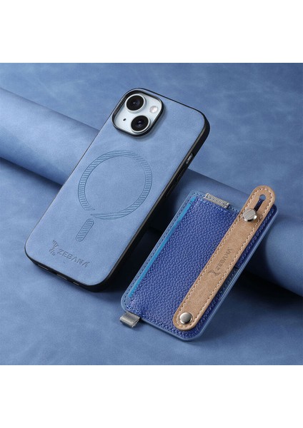 Apple iPhone 15 Plus Uyumlu Kılıf Zebana 2in1 Kartlıklı Best Deri Kılıf Mavi