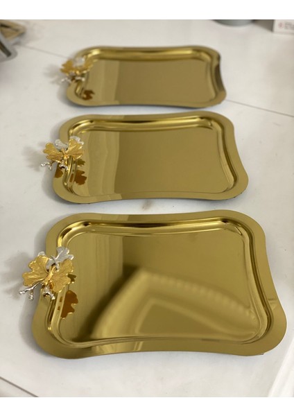 3'lü Kelebekli Metalik Sunum Tepsisi, 26 Cm, Şık ve Kullanışlı Mutfak Aksesuarı