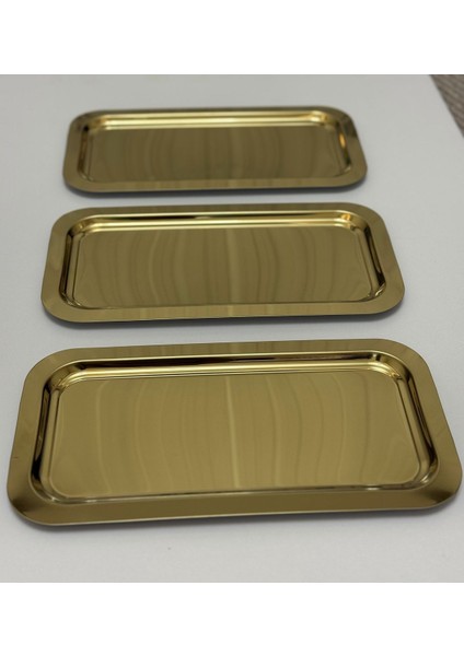 Altı Adet Büyük Altın Renk Dikdörtgen Servis ve Sunum Tepsisi 17X33 cm modelleri