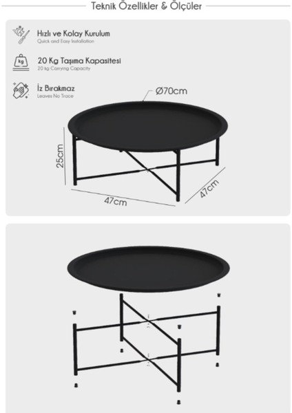 70 cm Yuvarlak Tepsili Modern Sehpa, Metal Ayak, Şık ve Kullanışlı Tasarım fiyatları