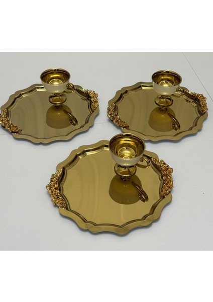 3'lü Gold Renk Yuvarlak Dalgalı Kulplu Sunum Tepsisi Seti