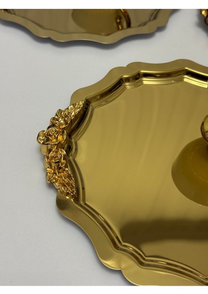 3'lü Gold Renk Yuvarlak Dalgalı Kulplu Sunum Tepsisi Seti fiyatları