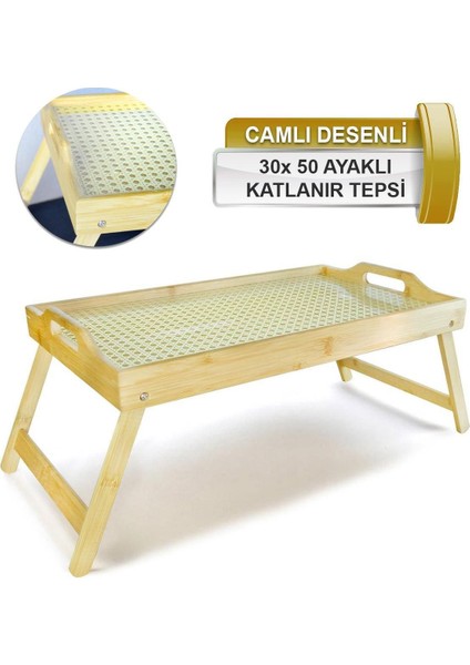 Camlı Desenli Katlanır Ayaklı Bambu Tepsi, Portatif ve Şık Servis Tepsisi