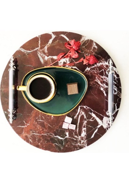 Doğal Vişne Mermer Yuvarlak Tepsi, Gümüş Kulp, Şık ve Zarif Tasarım