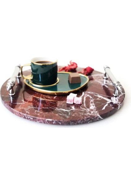 Doğal Vişne Mermer Yuvarlak Tepsi, Gümüş Kulp, Şık ve Zarif Tasarım fiyatları