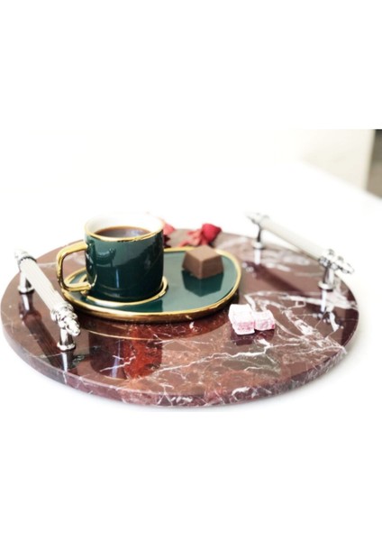 Doğal Vişne Mermer Yuvarlak Tepsi, Gümüş Kulp, Şık ve Zarif Tasarım modelleri