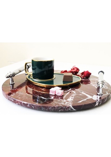 Doğal Vişne Mermer Yuvarlak Tepsi, Gümüş Kulp, Şık ve Zarif Tasarım fırsatları