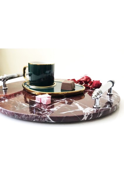 Doğal Vişne Mermer Yuvarlak Tepsi, Gümüş Kulp, Şık ve Zarif Tasarım indirimleri