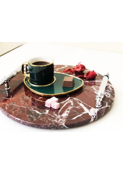 Doğal Vişne Mermer Yuvarlak Tepsi, Gümüş Kulp, Şık ve Zarif Tasarım