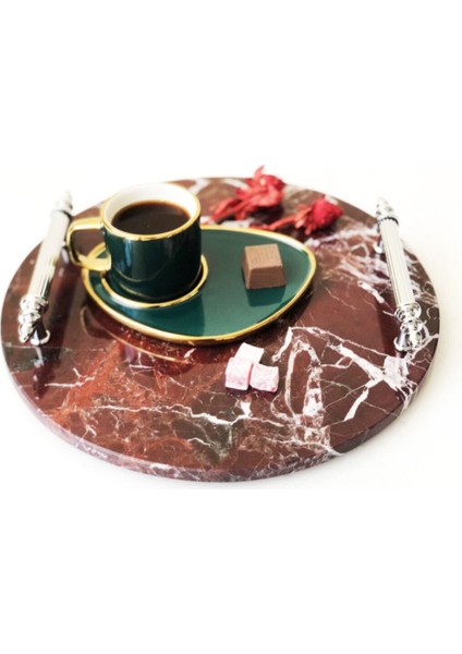 Doğal Vişne Mermer Yuvarlak Tepsi, Gümüş Kulp, Şık ve Zarif Tasarım