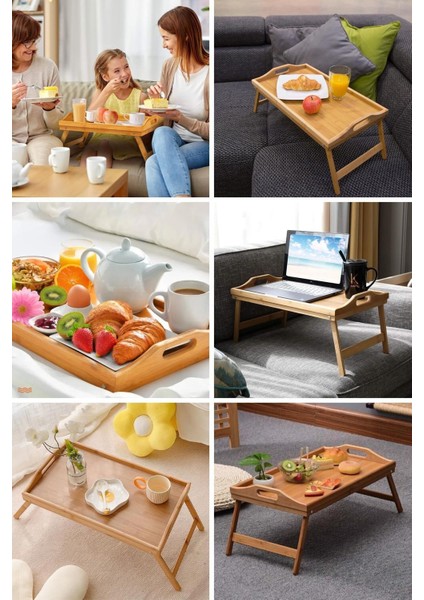 Bambu Katlanır Ayaklı Tepsi Büyük Boy Portatif Kahvaltı ve Çay Sunumu