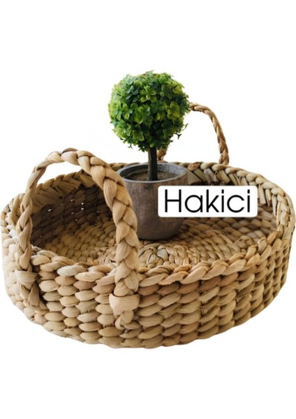 Haki Renkli Doğal Çok Amaçlı Dekoratif Hasır Kulplu Tepsi
