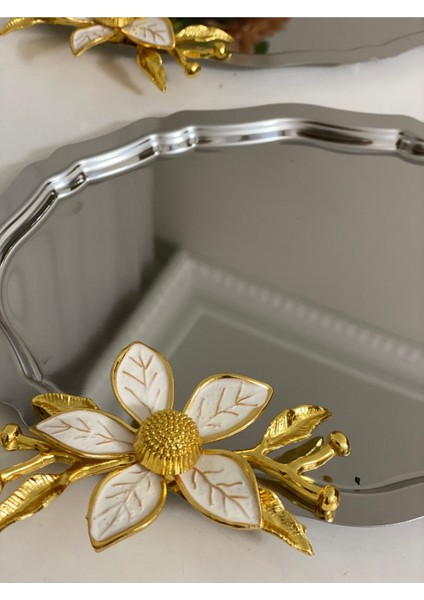 20X25 cm Çelik Oval Büyük Çiçekli Servis ve Sunum Tepsisi, 3 Adet Set fiyatları