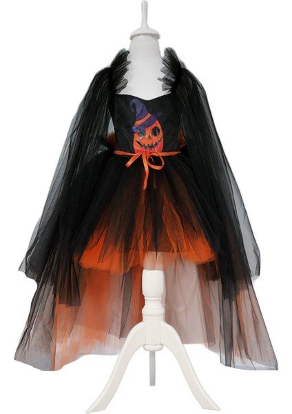 Renkli Tül Kollu Kuyruklu Bal Kabağı Cadı Kostümü ve Şapka Seti fırsatları