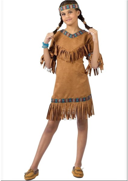 Kız Çocuk Kızılderili Kostümü, Kahverengi, Eğlenceli ve Renkli Tasarım