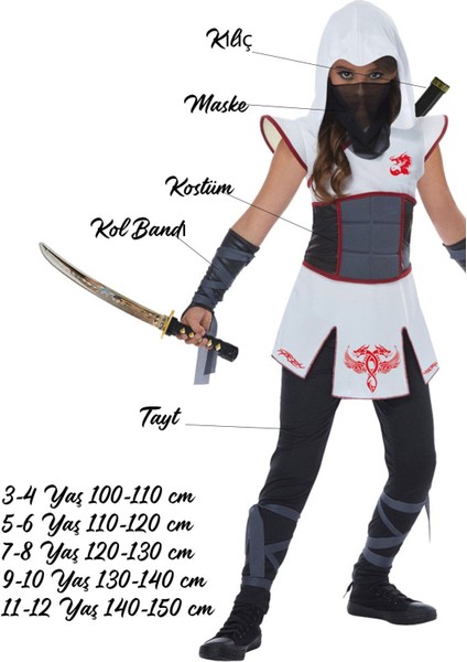 Beyaz Kız Ninja Kostümü, Eğlenceli ve Şık Oyun Kıyafeti fiyatları
