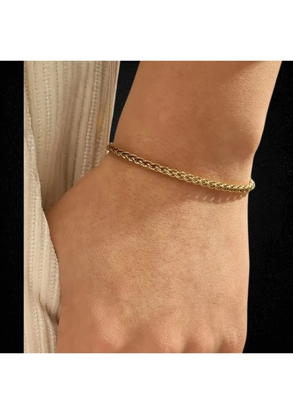 Çelik Bileklik Burgu Zincir Model 4 mm Kalınlık 18 cm Uzunluk 5 cm Ek Ayarlanabilir Altın Sarısı Gold modelleri