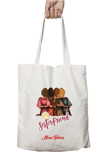 Kişiye Özel Dörtlü Kız Kardeşler Iki Tarafı Kalıcı Baskılı Yıkanabilir Okul Plaj Omuz Bez Çantası