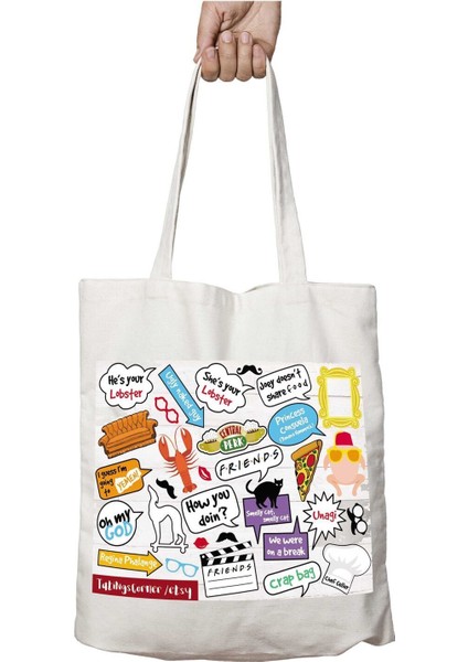 Friends Konuşmalar (1) Iki Tarafı Kalıcı Baskılı Yıkanabilir Çanta