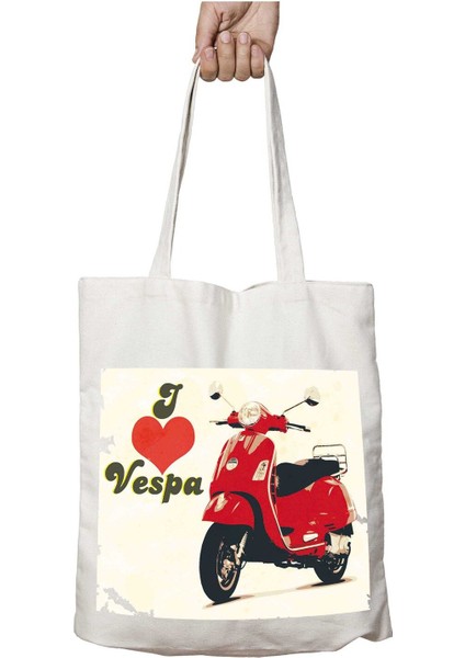 Vespa Motor Kırmızı I Love Vespa Iki Tarafı Kalıcı Baskılı Yıkanabilir Okul Plaj Omuz Bez Çantası
