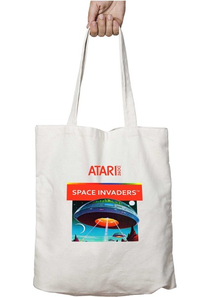 Atari Space Invaders Iki Tarafı Kalıcı Baskılı Yıkanabilir Okul Plaj Omuz Bez Çantası