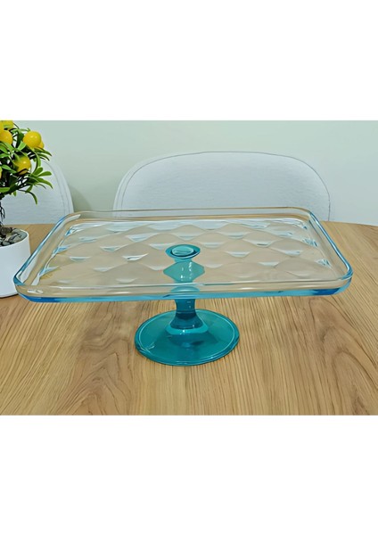 Turkuaz Ayaklı Cam Sunum ve Servis Tabağı, 24X33 Cm, Metal Ayaklı Derin Tepsi