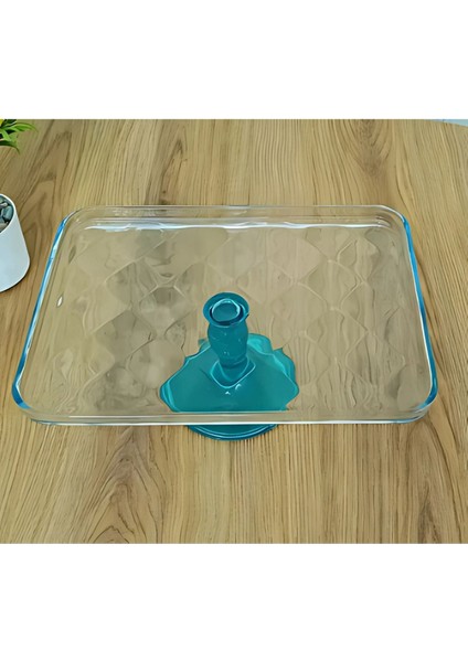 Turkuaz Ayaklı Cam Sunum ve Servis Tabağı, 24X33 Cm, Metal Ayaklı Derin Tepsi fiyatları