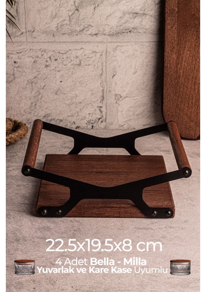 Kahverengi Ahşap ve Metal Detaylı 4'lü Yuvarlak ve Kare Sunum Tepsisi