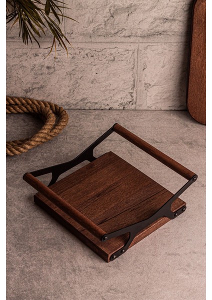 Kahverengi Ahşap ve Metal Detaylı 4'lü Yuvarlak ve Kare Sunum Tepsisi