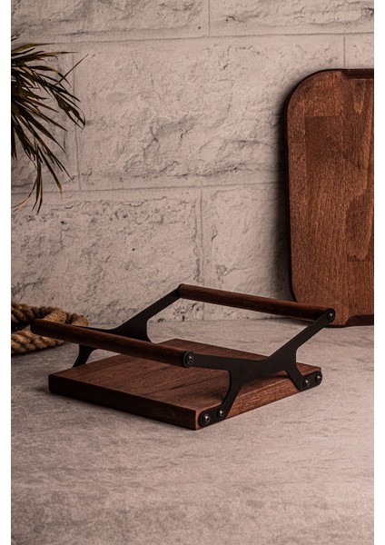 Kahverengi Ahşap ve Metal Detaylı 4'lü Yuvarlak ve Kare Sunum Tepsisi