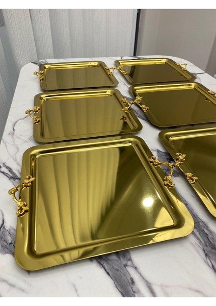 Şık Kare 6'lı Ince Kulplu Gold Kaplama Sunum Tepsisi 21X21