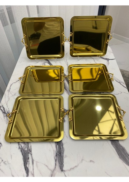 Şık Kare 6'lı Ince Kulplu Gold Kaplama Sunum Tepsisi 21X21 fiyatları