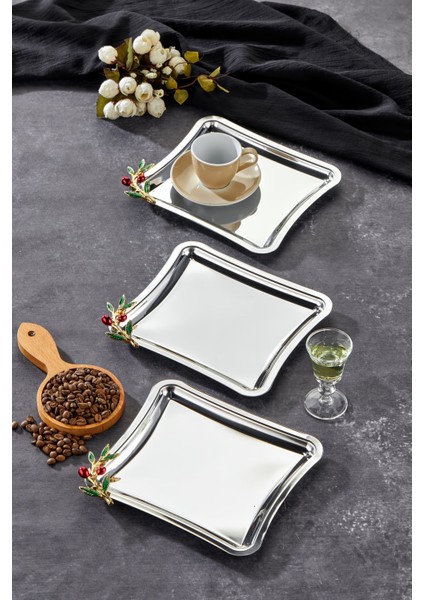 Kulp Desenli Krom Sunum Tepsisi, 22X22CM, 3'lü Set