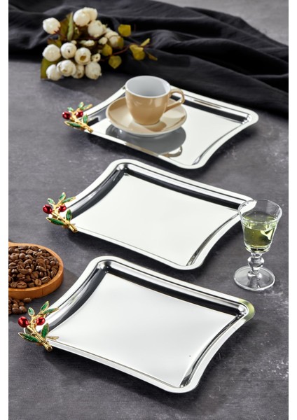 Kulp Desenli Krom Sunum Tepsisi, 22X22CM, 3'lü Set modelleri