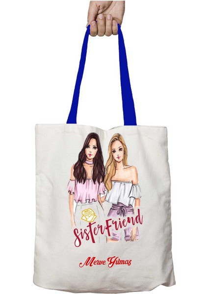 Mavi Kulplu Kişiye Özel Sister Friend Kız Kardeşler Yıkanabilir Omuz Çanta
