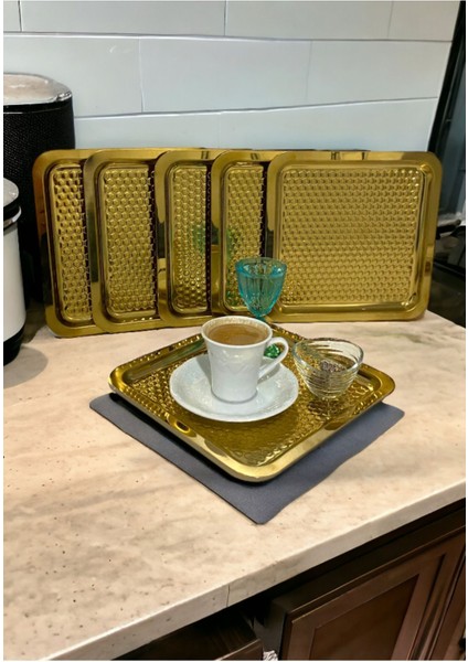 6 Parça Altın Desenli Kare Servis ve Tabağı, 21X21CM, Şık ve Zarif Tasarım fırsatları