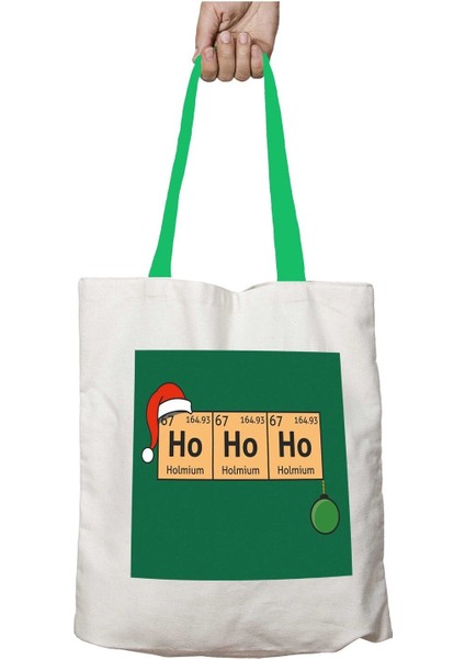 Yeşil Kulplu Yılbaşı Ho Ho Ho Periyodik Cetvel Yıkanabilir Omuz Çanta