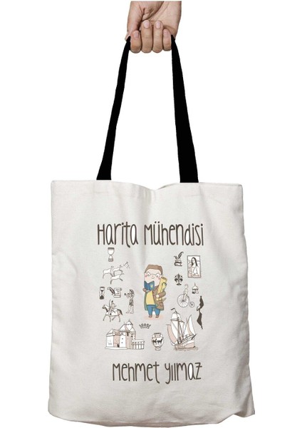 Siyah Kulplu Kişiye Özel Harita Mühendisi Koordinat Yıkanabilir Okul Omuz Çanta