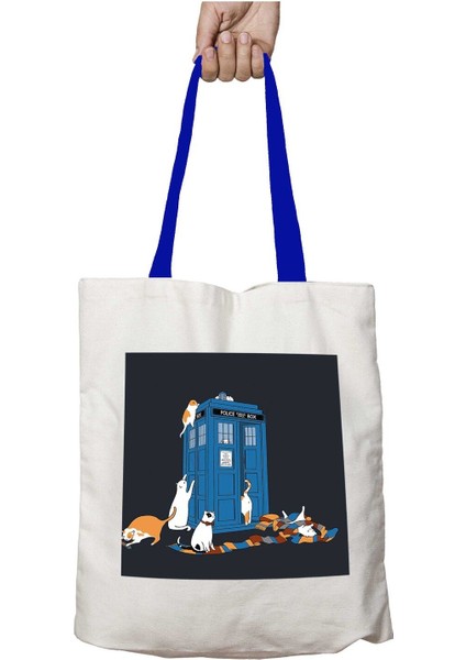 Mavi Kulplu Time Travellers Cats Doctor Who Tardis Yıkanabilir Omuz Çanta