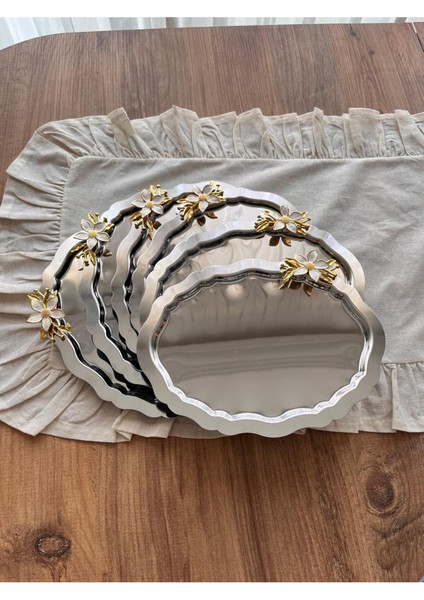 Altı Adet Papatya Aksesuarlı Oval Gümüş Tepsi, 20X25 Cm, Paslanmaz Çelik, Gri Renk modelleri