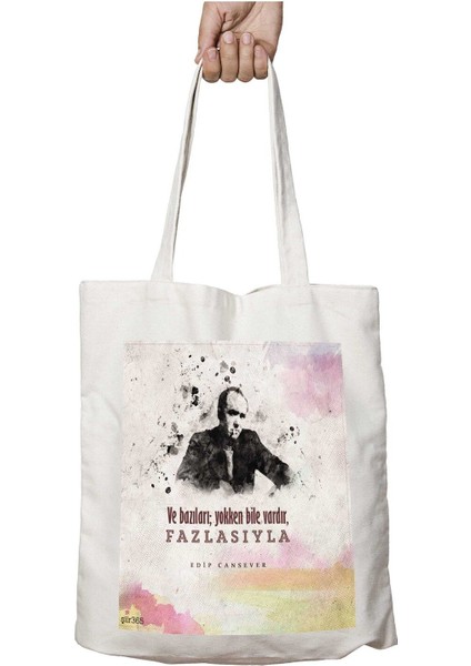 Edip Cansever Fazlasıyla Iki Tarafı Kalıcı Baskılı Yıkanabilir Okul Plaj Omuz Bez Çantası