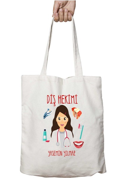 Kişiye Özel Diş Hekimi Iki Tarafı Kalıcı Baskılı Yıkanabilir Okul Plaj Omuz Bez Çantası