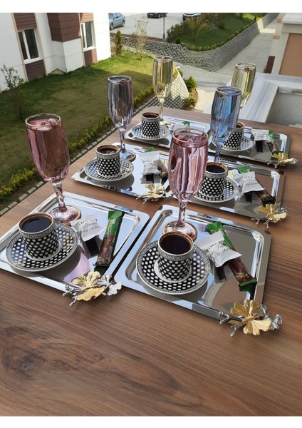 Paslanmaz Çelik Kare 6’lı Sunum Tepsisi, Kelebek Aksesuar, Ikramlık ve Sunumluk