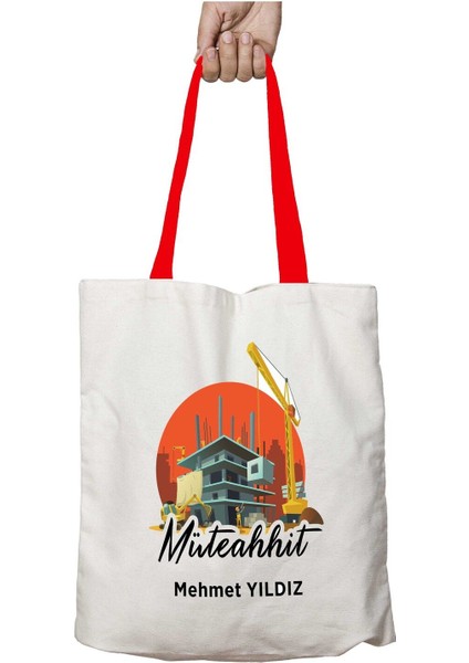 Kırmızı Kulplu Kişiye Özel Müteahhit Yıkanabilir Omuz Çanta