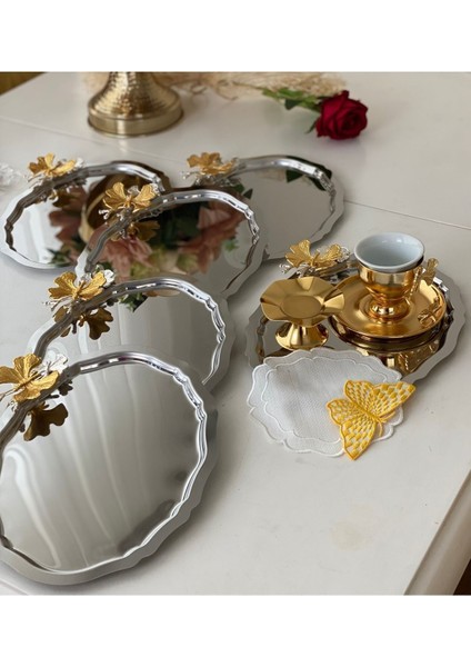 Paslanmaz Çelik Oval 20X25 cm Kelebek Detaylı Servis ve Sunum Tepsisi, 6 Adet