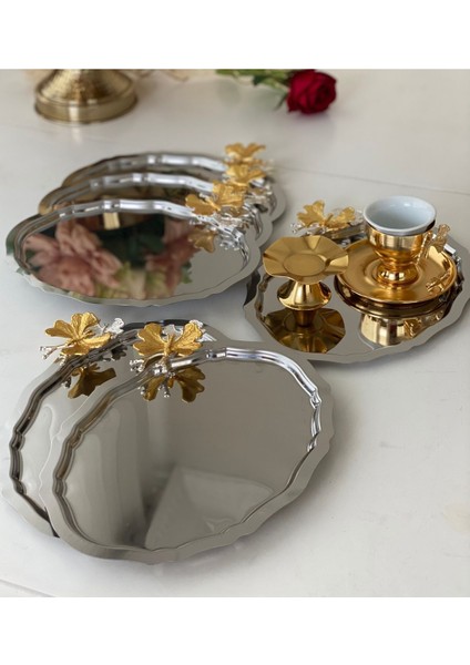 Paslanmaz Çelik Oval 20X25 cm Kelebek Detaylı Servis ve Sunum Tepsisi, 6 Adet fırsatları