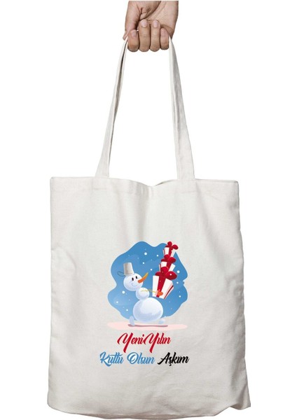 Yeni Yılın Kutlu Olsun Aşkım Iki Tarafı Kalıcı Baskılı Yıkanabilir Okul Plaj Omuz Bez Çantası