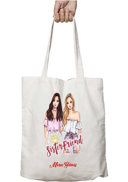 Kişiye Özel Kız Kardeşler Iki Tarafı Kalıcı Baskılı Yıkanabilir Okul Plaj Omuz Bez Çantası